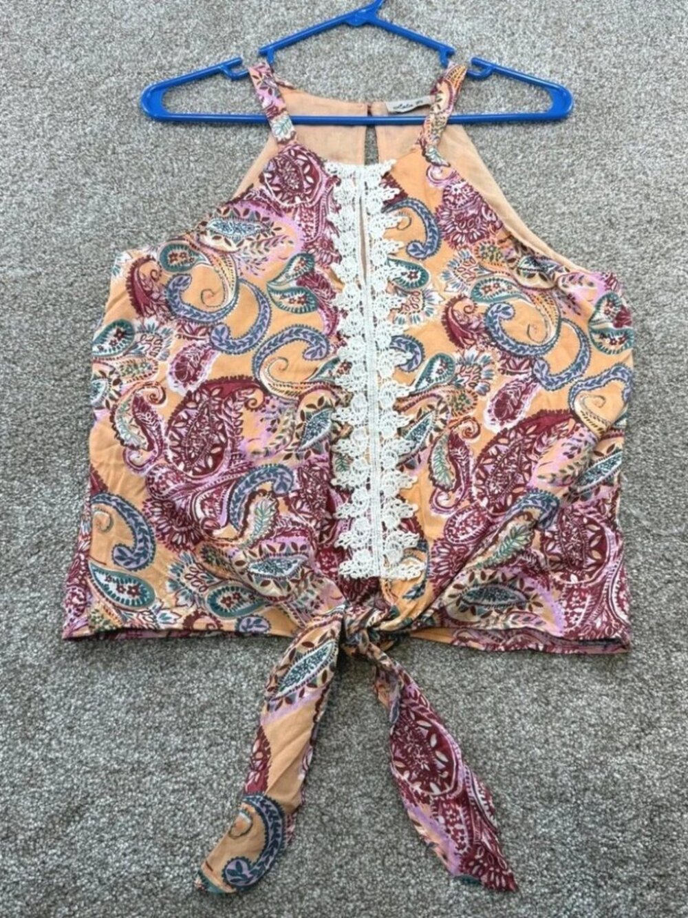 Lola P Womens Paisley Crochet Trim Tie Front Halter Top Pink Orange Medium Large